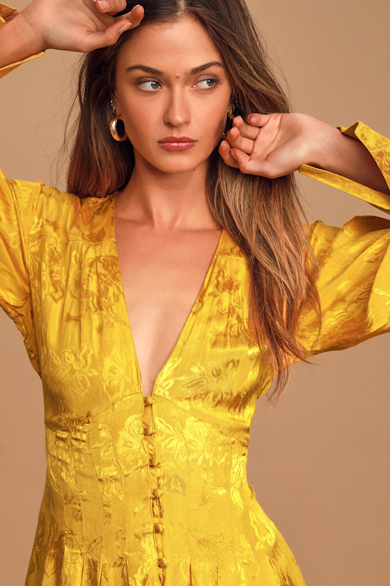 Sunsets With You Golden Yellow Jacquard Button-Up Midi Dress 3