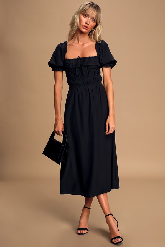 Cute Black Midi Dress - Puff Sleeve Dress - Smocked Dress - Dress - Lulus