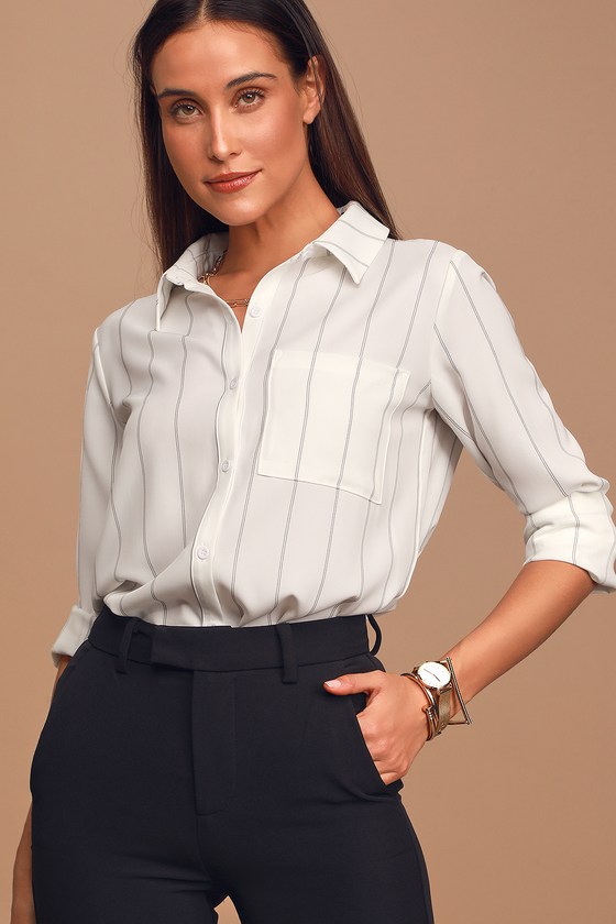 Cute White Long Sleeve Top - Striped Top - Button-Up Top - Lulus