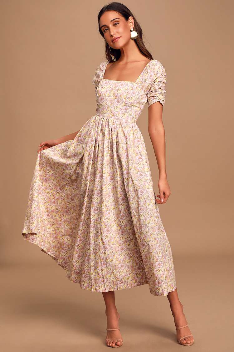 She's A Dream Cream Floral Print Puff Sleeve Midi Dress