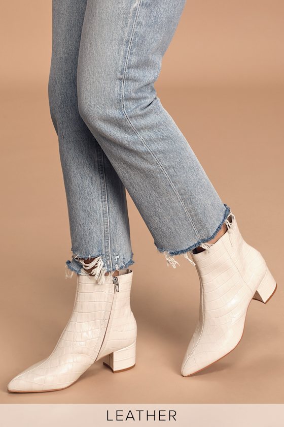 Bel Ivory Crocodile Print Leather Ankle Booties 1