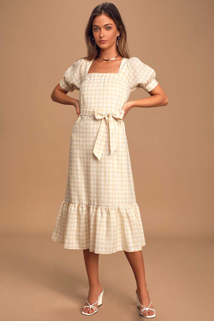 Peach Gingham Dress - Trendy Puff Sleeve Dress - Chic Midi Dress - Lulus