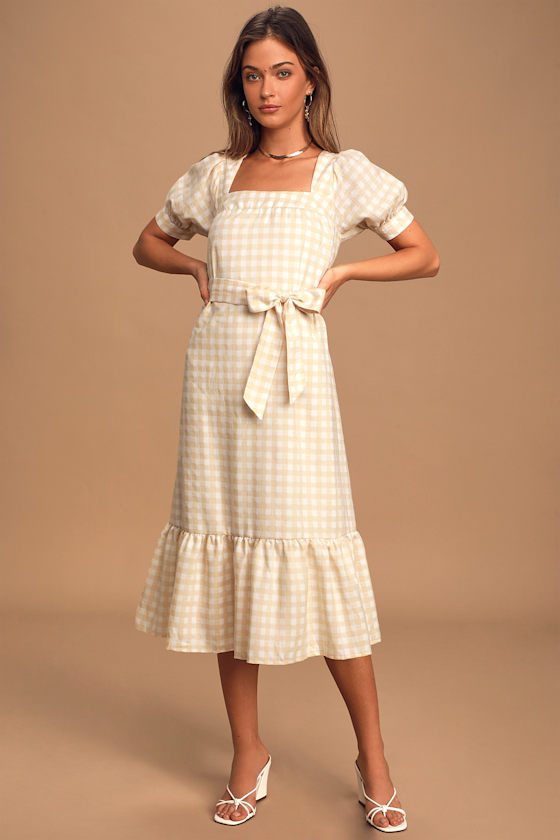 Peach Gingham Dress Trendy Puff Sleeve Dress Chic Midi Dress Lulus