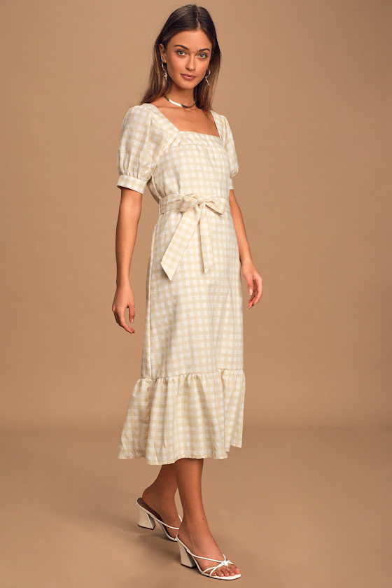 Peach Gingham Dress Trendy Puff Sleeve Dress Chic Midi Dress
