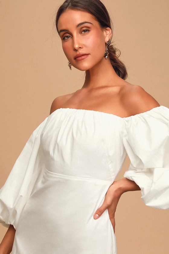 Cute White Midi Dress - Off-The-Shoulder Dress - Puff Sleeve - Lulus