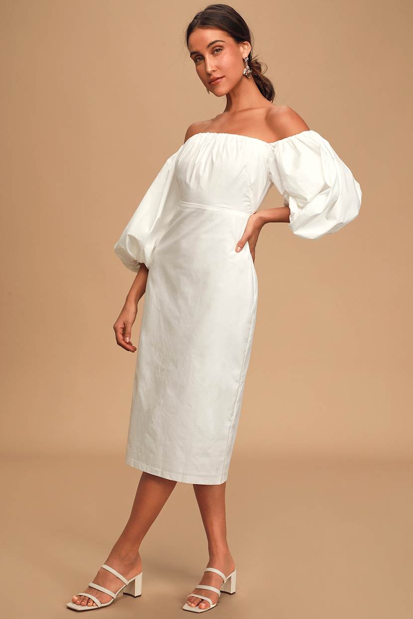 knee length dresses for ladies Shop The Skyla Shirred White Midi Dress