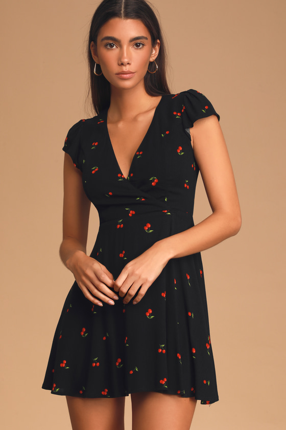 Cute Black Cherry Print Dress - Cherry 