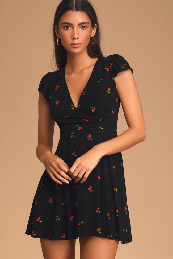 Cute Black Cherry Print Dress Cherry Print Skater Dress Lulus