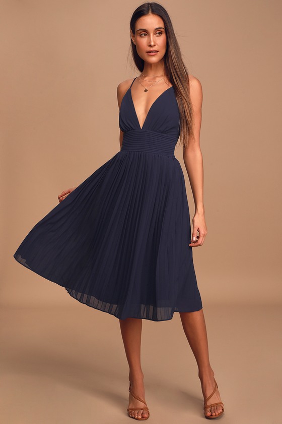Love Me To The Moon Navy Blue Pleated Midi Dress