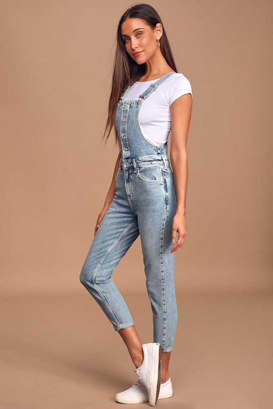 Free People Shelby Light Wash Denim Overalls Cropped Overalls Lulus