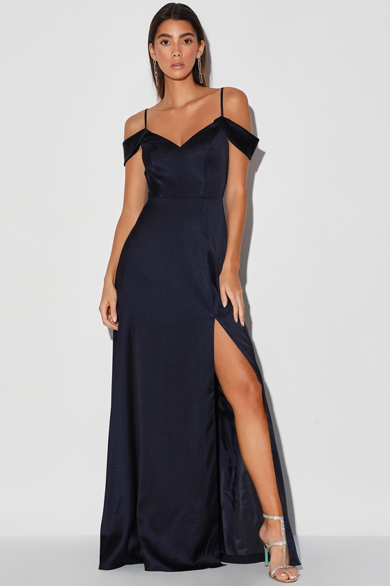 navy blue satin maxi dress