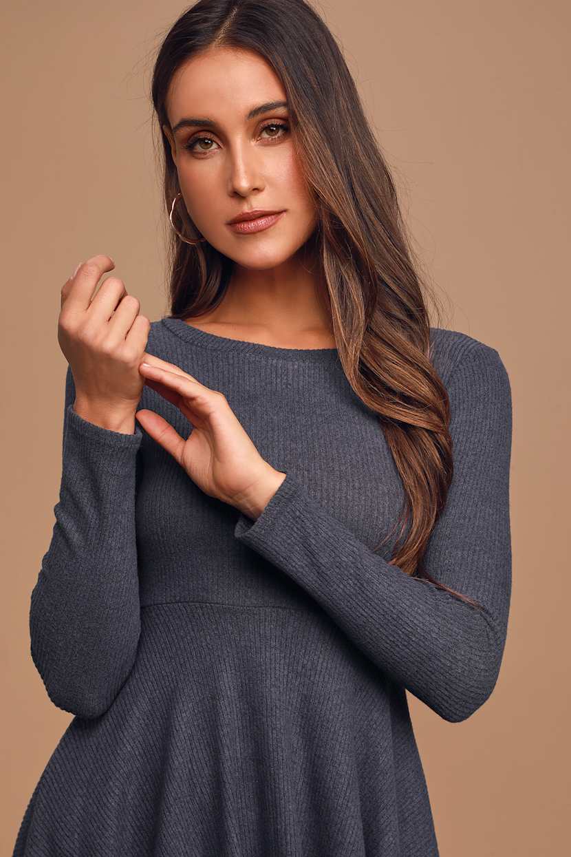 Cute Blue Dress - Long Sleeve Skater Dress - Ribbed Knit Dress - Lulus Cute Blue Dress - Long Sleeve Skater Dress - Ribbed Knit Dress - Lulus