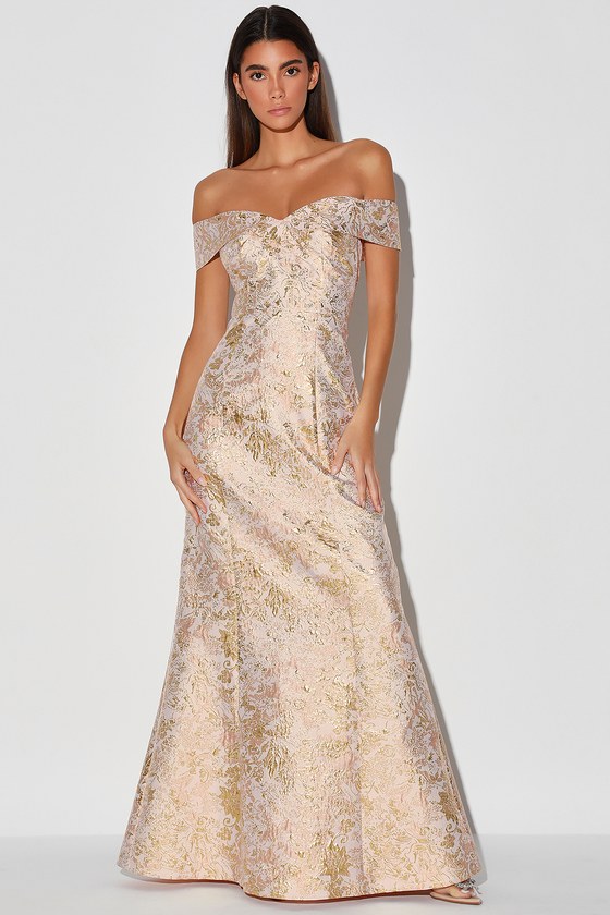 Metallic Floral Print Jacquard Gown With Off The Shoulder Neckline In