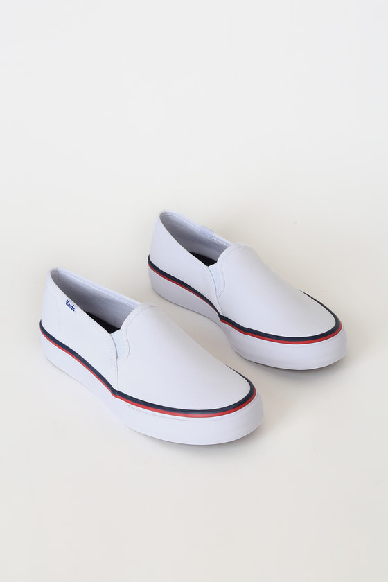 Double Decker Varsity White and Navy Striped Slip-On Sneakers