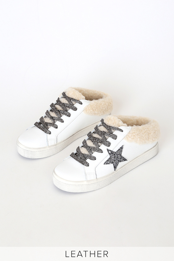 Polaris White and Natural Leather Backless Slip-On Sneakers 3
