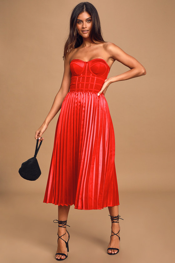 Strapless Bustier Midi Dress - Pleated 