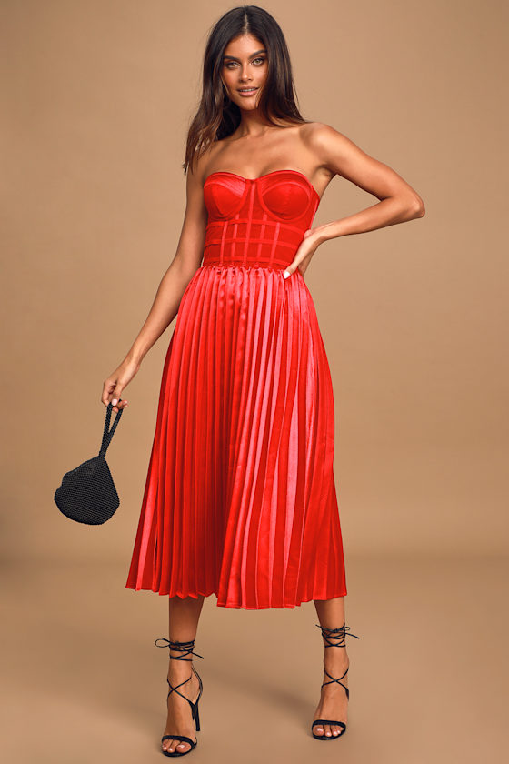 Donna Red Pleated Strapless Bustier Midi Dress 2