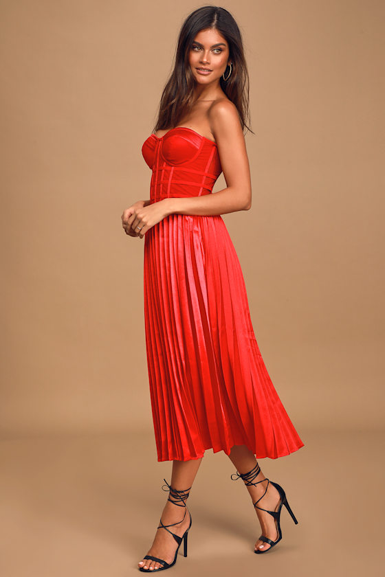 Donna Red Pleated Strapless Bustier Midi Dress 3
