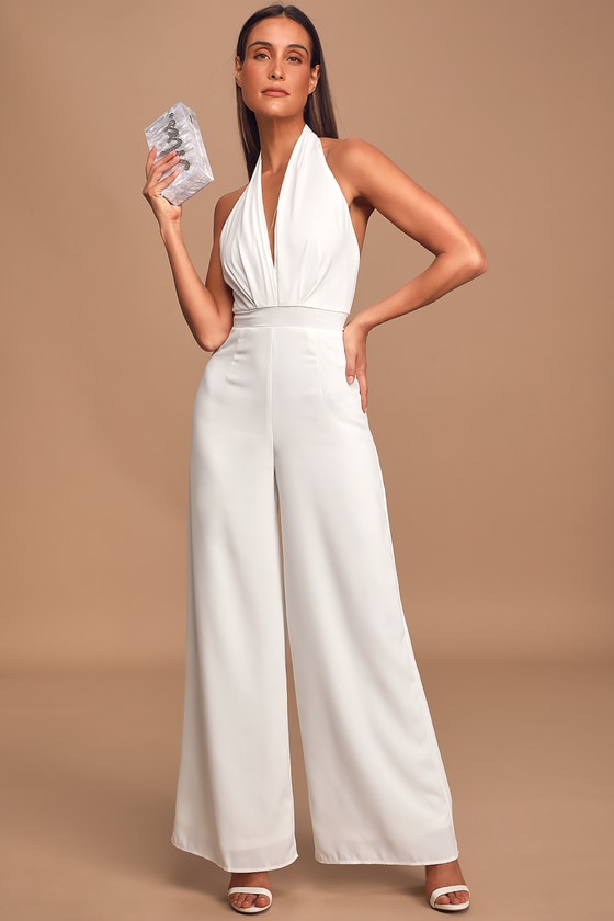 Lovely White Jumpsuit - Halter Jumpsuit - Wide-Leg Jumpsuit - Lulus