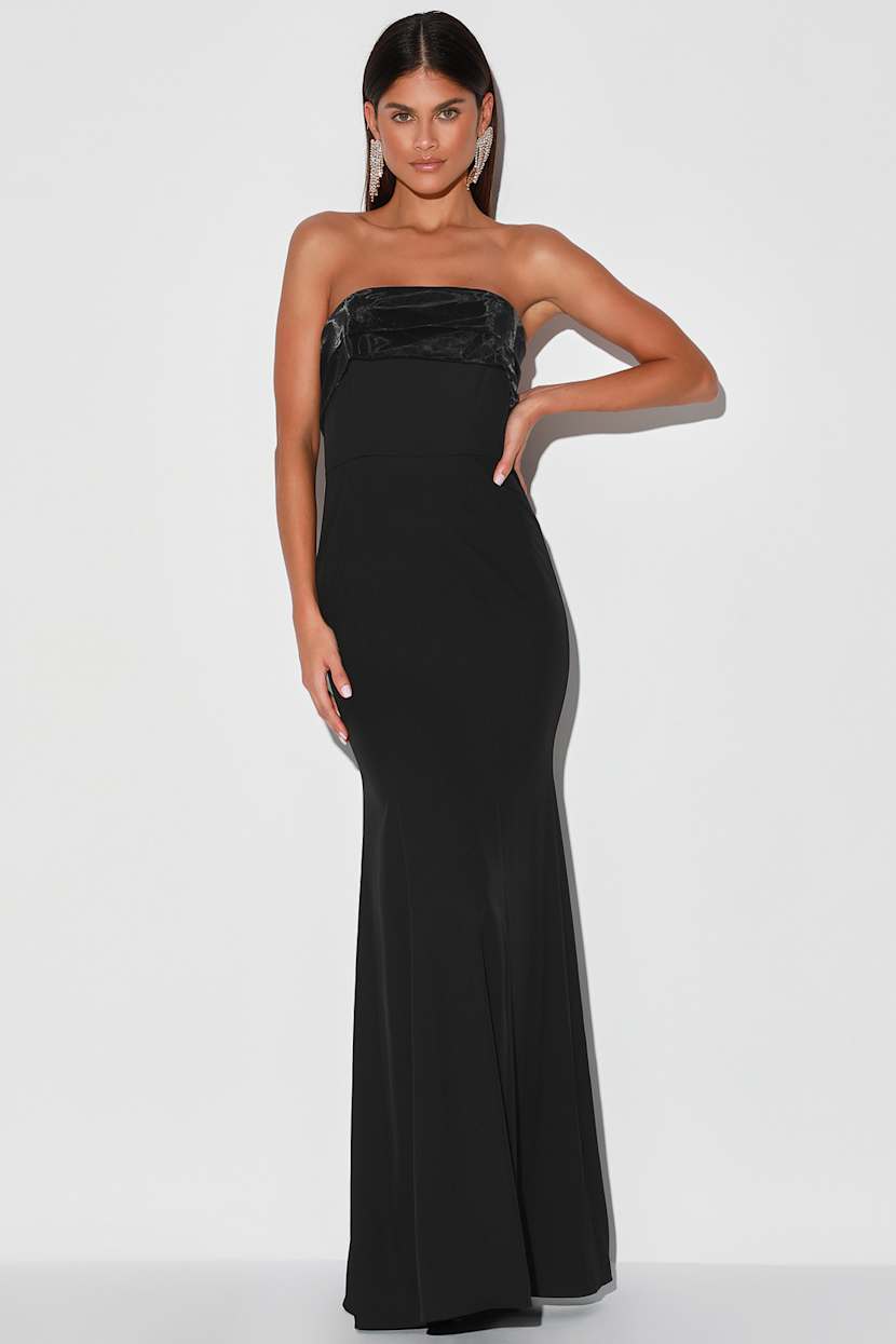 green emerald velvet dress Black Strapless Mermaid Side Slit Long Formal Prom Dress with Bows – Modsele main image 1
