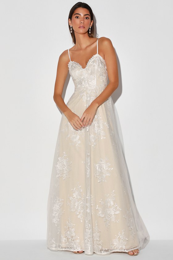 Promise to You White Embroidered Lace Tulle Maxi Dress