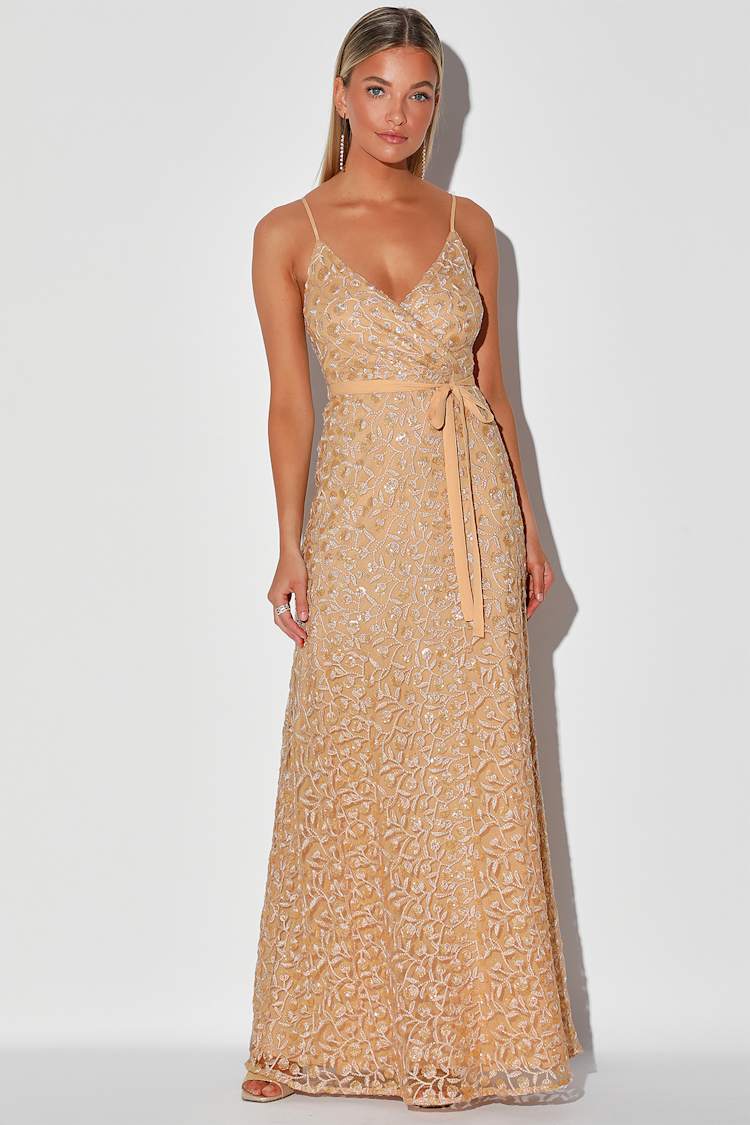 Champagne Sequin Dress - Embroidered Maxi Dress - Surplice Gown - Lulus Champagne Sequin Dress - Embroidered Maxi Dress - Surplice Gown - Lulus