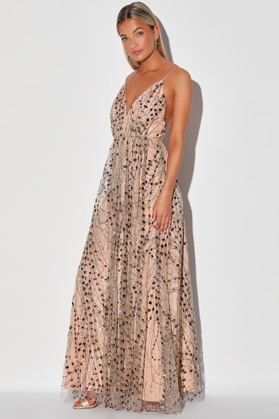 Luminous Night Taupe Glitter Sequin Maxi Dress 6