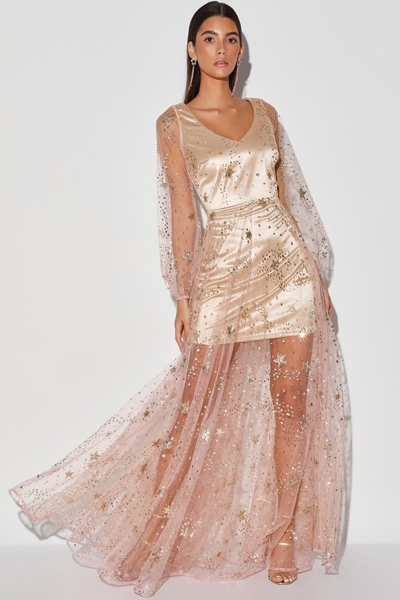 rose gold maxi dress long sleeve