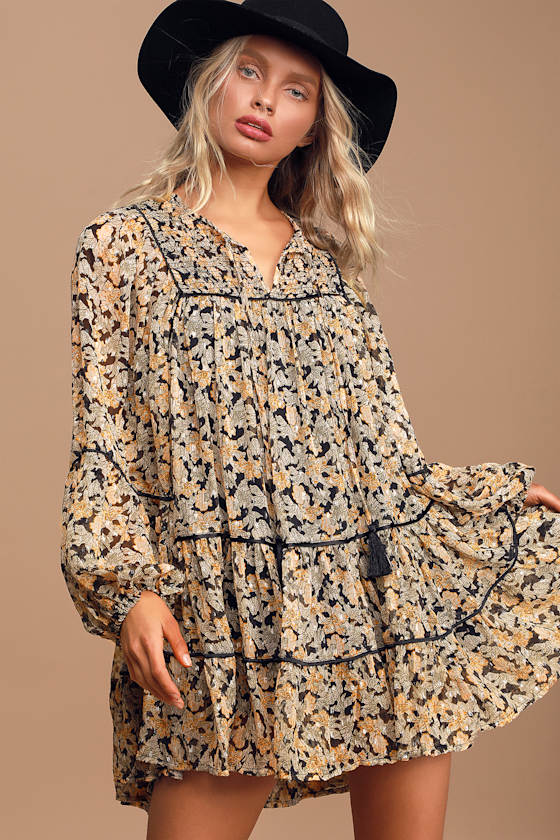 Free Swinging Black Floral Print Swiss Dot Ruffled Mini Dress 2