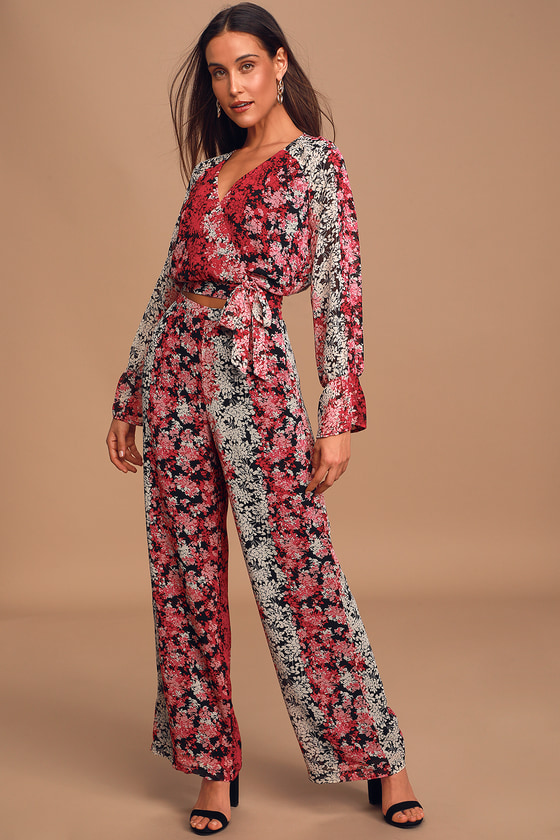 tropical print wide leg pants