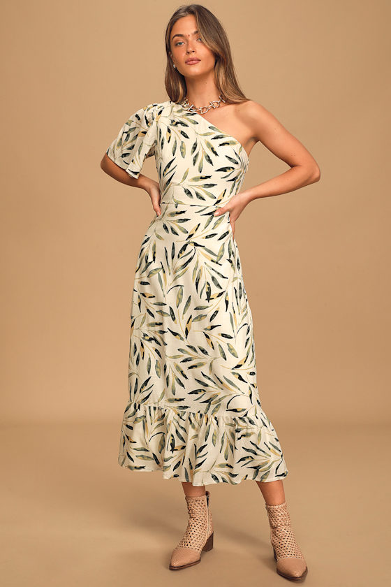 Truly Tropic Cream Leaf Print One-Shoulder Midi Dress 2