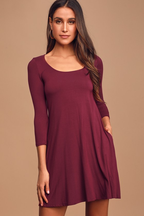 Cute Wine Red Dress - Swing Dress - Long Sleeve Dress - Lulus