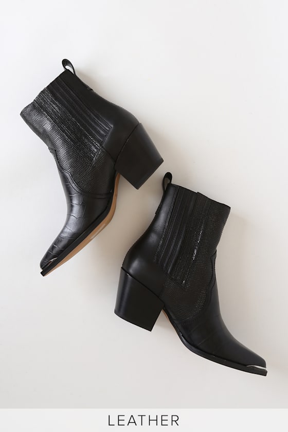 Serna Black Multi Crocodile Embossed Pointed-Toe Leather Booties 2