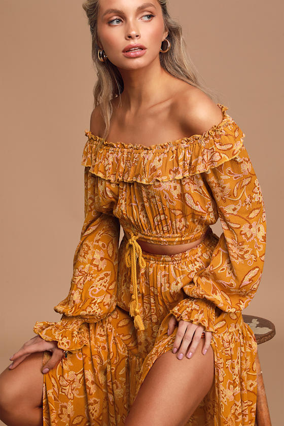 Be Free Mustard Yellow Floral Print Off-the-Shoulder Crop Top 6