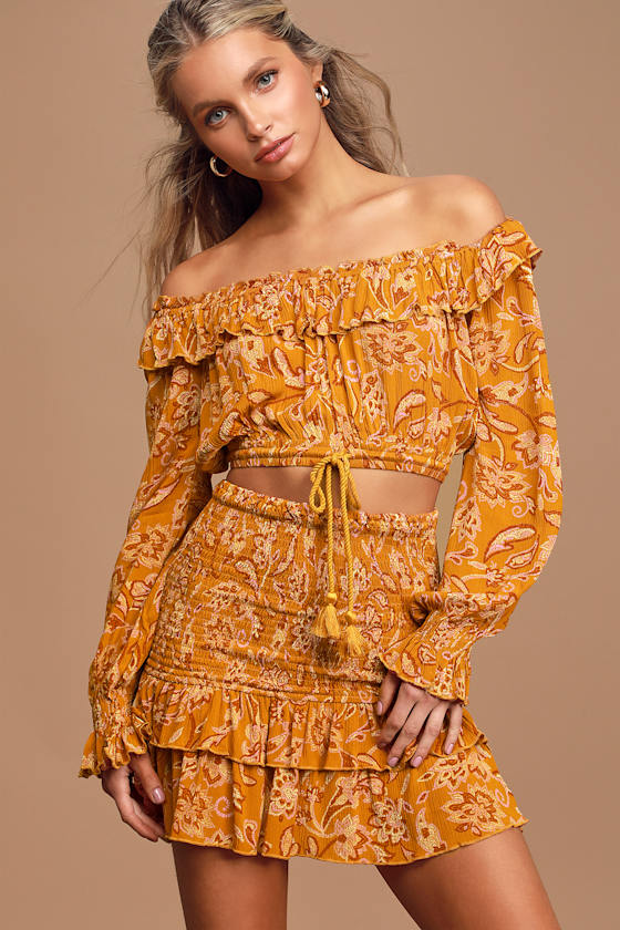 Be Free Mustard Yellow Floral Print Off-the-Shoulder Crop Top 2