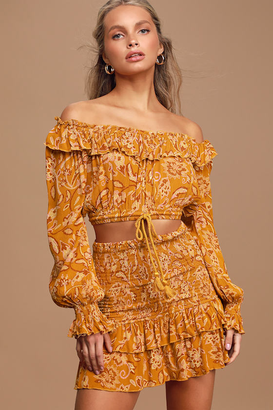 Be Free Mustard Yellow Floral Print Smocked Ruffled Mini Skirt 2