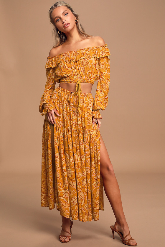 mustard tiered maxi skirt