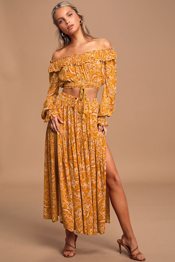 Be Free Mustard Yellow Floral Print Maxi Skirt 2