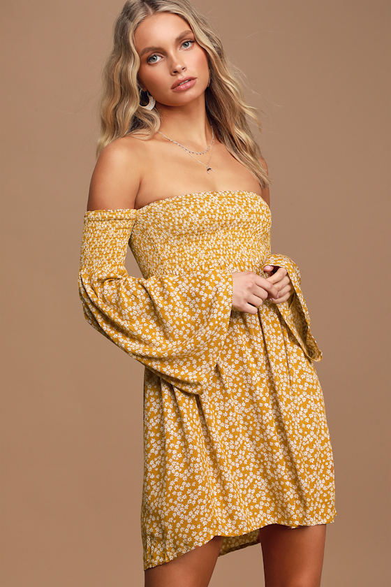 Cute Yellow Dress Long Sleeve Dress Smocked Skater Dress Lulus