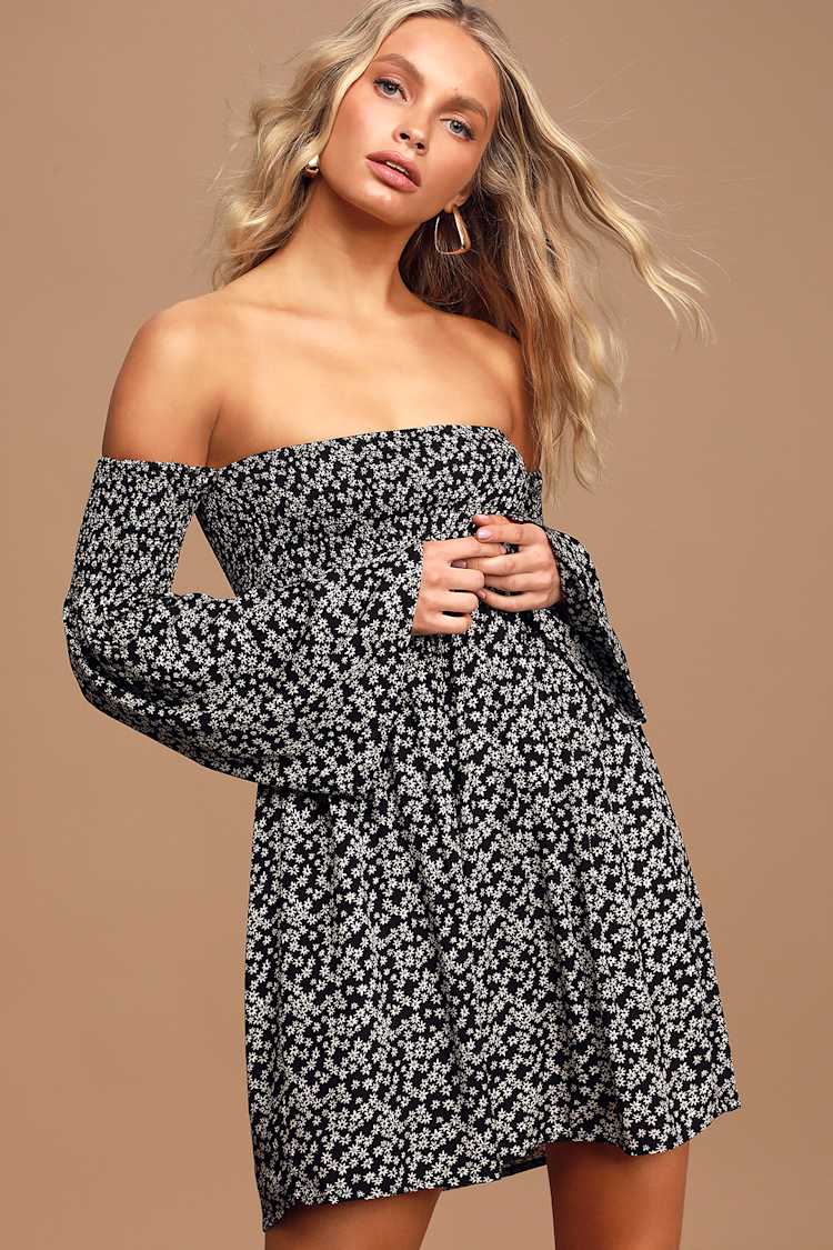 knee length dresses for ladies Bohemian Chic Lace Off-The-Shoulder Skater Dress