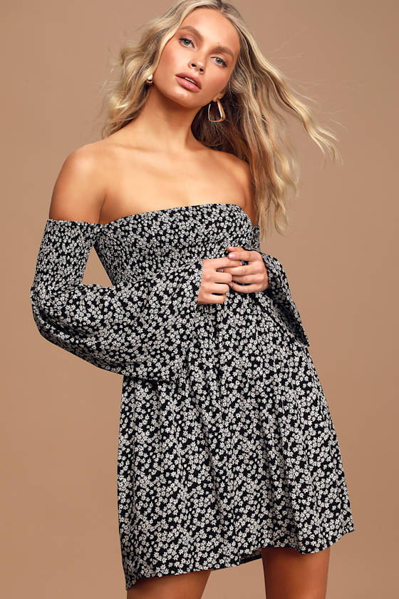 Cute Black Dress Long Sleeve Dress Smocked Skater Dress Lulus