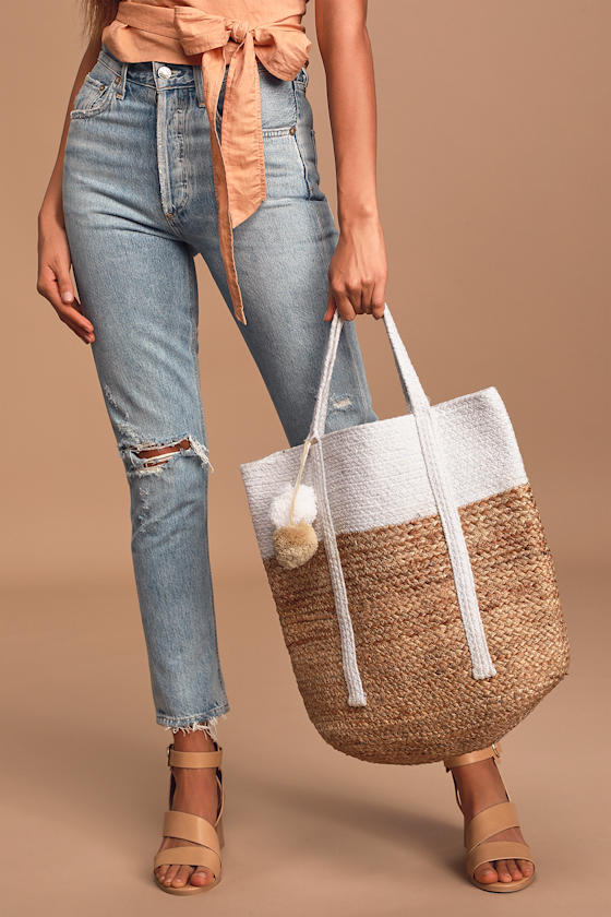 When the Sun's Out Ivory and Tan Woven Pom Pom Tote Bag 6