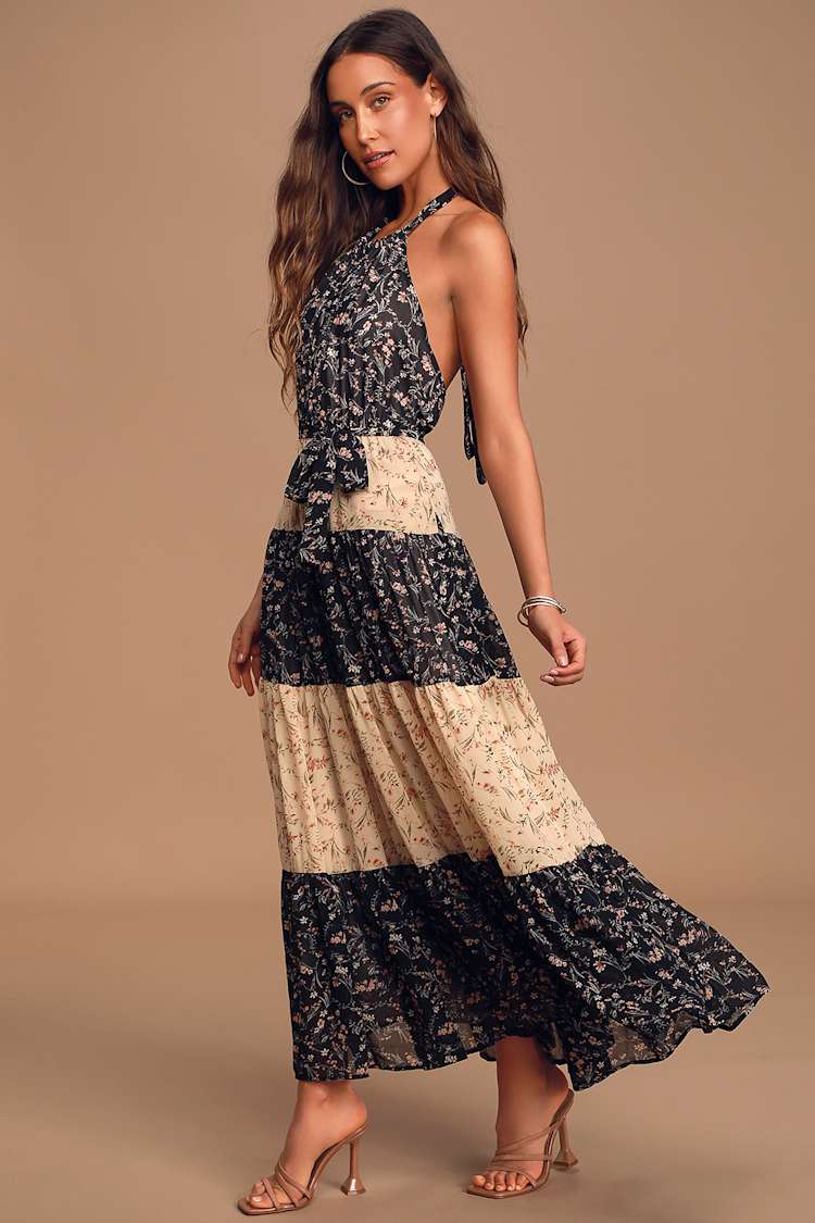 navy chiffon maxi dress Juliette Blue Polka Dot 2026-03-09T10:40:55 and a tie detail Cupshe Cream Petal Beige Women's Size:9.5