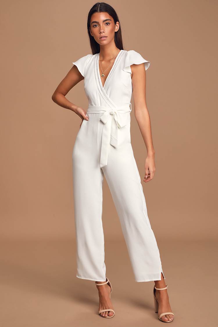 White Surplice Jumpsuit - Wide-Leg Jumpsuit -