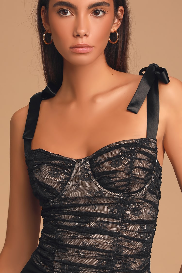 Up Until Dawn Black Lace Bustier Tie-Strap Sleeveless Top