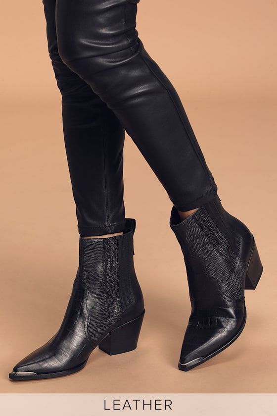 Serna Black Multi Crocodile Embossed Pointed-Toe Leather Booties 1