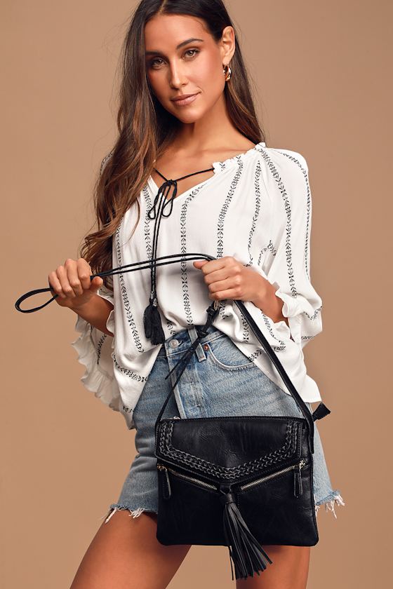 Cute Black Vegan Leather Bag Crossbody Bag Whipstitch Bag Lulus