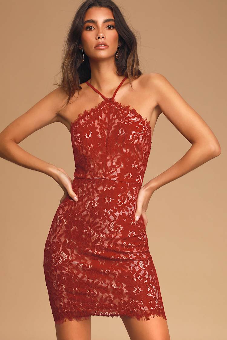 knee length dresses for ladies Hailees Lace Strapless Mini Dress | Red | Womens main image 1