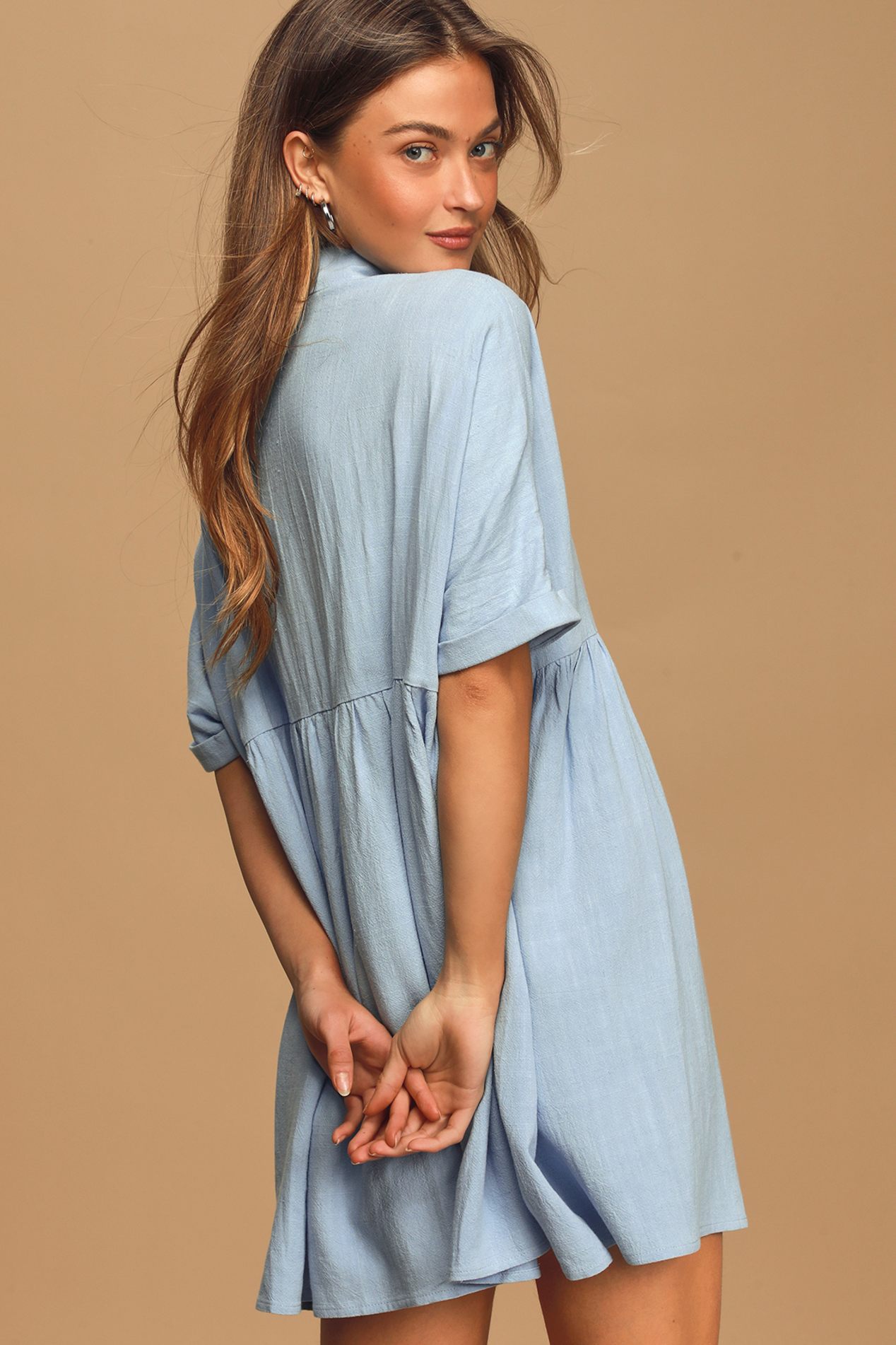 Dearest Love Light Blue Short Sleeve Button-Up Babydoll Dress