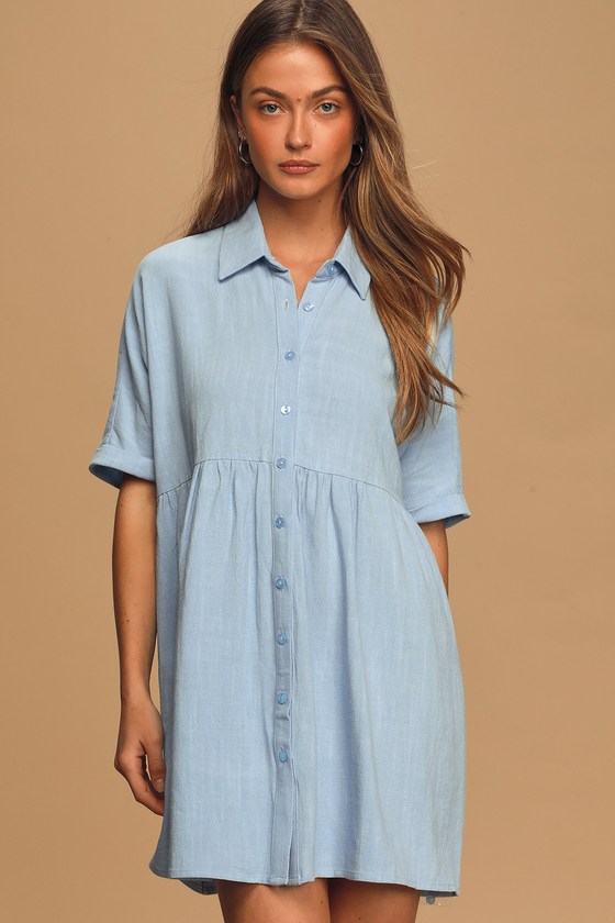 Blue Babydoll Dress - Short Sleeve Dress - Button-Up Mini Dress - Lulus